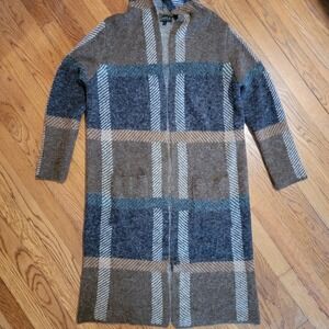 Joseph A Open Front Plaid Brown Houndstooth Coatigan Sweater Women's Size Large